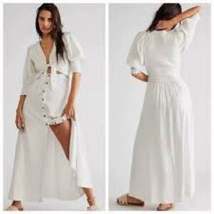 Free People String of Hearts White Dress Puff Sleeves Button Up Tie Front Medium